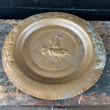 Vintage Copper Commerative Cowboy & Bull Plate Made in Chile 