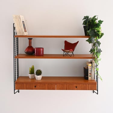 Vintage Scandinavian Teak “Hylla” Wall Shelf with Drawers and Black Metal Frame, 1960s 