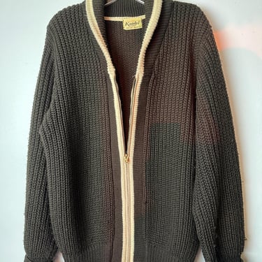 60’s Men’s wool cardigan Sweater~ zipper front~Mod Retro style 1960’s dark brown with stripes high collar extra hipster / Kandel  Size Large 