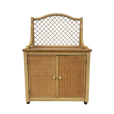 Vintage Henry Link Wicker Server Cabinet with Woven Rattan & Casters - Coastal Boho Chic Rolling Bar Cart 