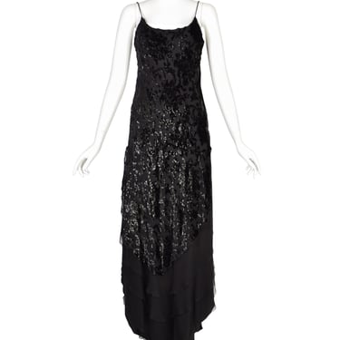 Mira Vintage Black Silk Chiffon Devore Velvet Bias Layered Beaded Dress