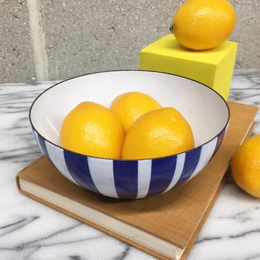 Vintage Catherine Holm Snack Bowl Retro 1960s Mid Century Modern + Enamelware + White and Blue + Stripe + MCM + Home and Kitchen Decor 