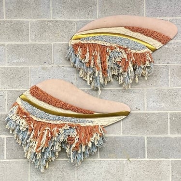 Vintage Wall Weaving Set Retro 1990s Contemporary + Handmade + Fiber Art + 2 Pieces + Pink Suede and Colorful Yarn + Modern Wall Decor 