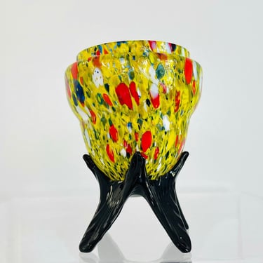 Vintage 1970s Modern Yellow Art Glass Czechoslovakian Splatter Tango Footed Vase Rocket 