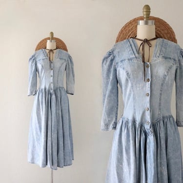 washed out chambray dress - s - vintage 80s 90s acid wash womens denim size small romantic full skirt dress 