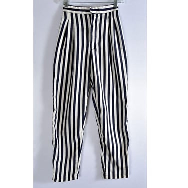 80s Striped Trousers HAIR BAND Vintage Pants, Navy Blue & White, Pleats 1980's Rocker Heavy Metal 