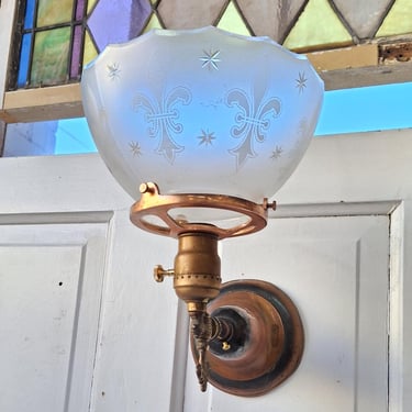 Fleur de Lis Antique Gas Sconce, Antique Converted Gas Wall Light, Copper Sconce with Frosted Glass Shade, Architecture Salvage 