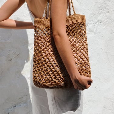 Raffia Net Bag in Tan, Crochet Raffia Tote, Summer Tote Bag, Straw Mesh Bag, Handcrafted Tote, Net Shoulder Bag 