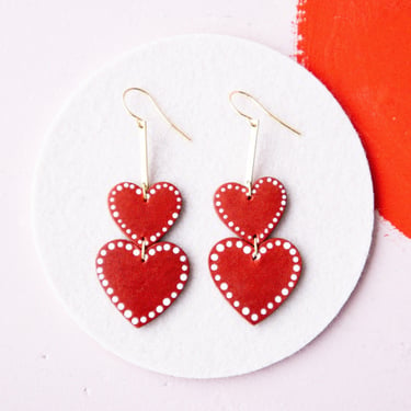 Tiered Spangled Red Heart Earrings - Sustainable Minimalist Leather Earrings 