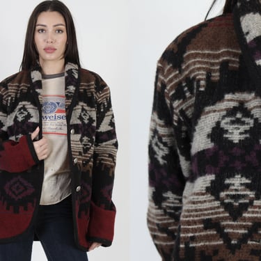 Vintage 80s Navy Woolrich Coat / Southwestern Aztec Shawl Collar / Native American Print Ranch Barn Jacket Size Medium M 