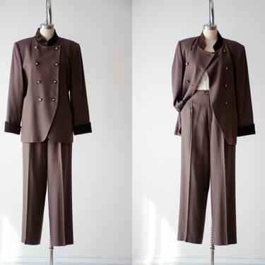brown wool suit | 90s vintage brown velvet dark academia high waisted straight leg pants trousers 2 piece suit set 