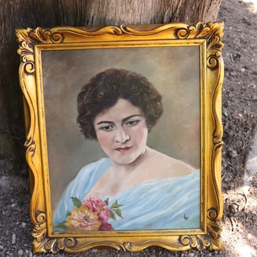 vintage french female portrait with flowers