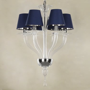 Handmade pure crystal color Murano glass chandelier with blue color silk lampshades, 6 lights, handmade Made in Italy 