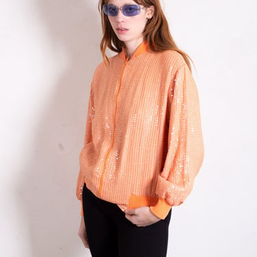 1990s Orange Sequin Bomber Jacket with Ribbed Knit Trim Iridescent sz XS S M Vintage 90s Art to Wear 