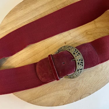Wine Red Genuine Suede Leather Floral Embellished Buckle Fabric Wrap Belt Size L 