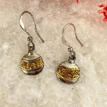 Silver Toned Gold Glitter Adorned Vintage Ornament Shaped Dangle Christmas Holiday Themed Earrings 