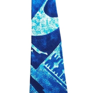 Vintage 60s Mens Necktie Blue Tiki Print Kanaka Hawaiian 