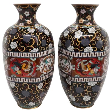 Antique Pair of Japanese Meiji Cloisonne Enamel Hexagonal Baluster Vases 