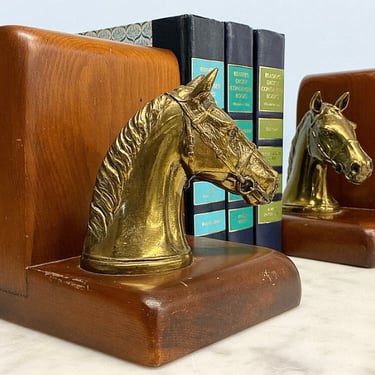 Vintage Horse Bookends Retro 1980s Farmhouse Style + Brass Metal and Wood + Book Display + Storage and Organization + Home Library + Study 
