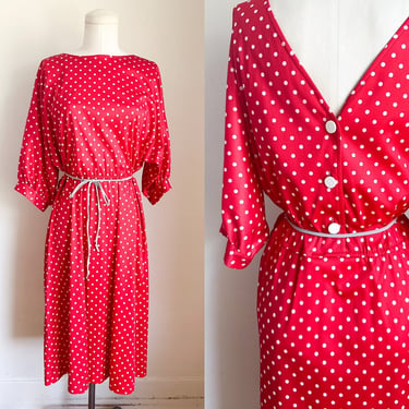 Vintage 1980s Red & White Polkadot Day Dress • M 