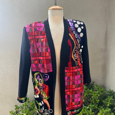 Vintage 80s glam cardigan black sweater beaded sequins lined S/M by Diane Freis 