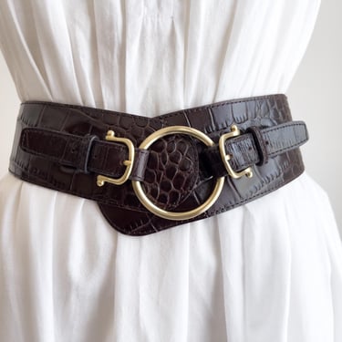 wide brown belt vintage Ann Taylor alligator patent leather statement belt 