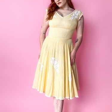 1950s Buttercup Yellow Fit and Flare Dress, sz. M