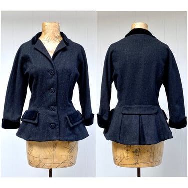 Vintage 1950s Charcoal Wool Peplum Jacket with Black Velvet Trim, Princess Seam Hourglass Blazer 3/4 Length Sleeves, 36" Bust 