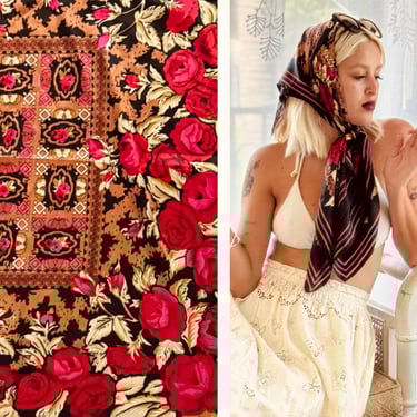 GORGEOUS saturated Hues Large Head Scarf Wrap Roses Italian Chic 