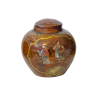 Chinoiseries Golden Graphic Brown Lacquer Fat Round Jar Shape Display ws3428BE 