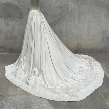 Antique Edwardian White Silk Dress Skirt W Train Large Bow Ruched Chiffon Ruffle