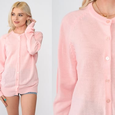 Baby Pink Cardigan Sweater 80s Sweater Raglan Sleeve Plain Button Up Grandma Sweater Slouchy Boho Vintage 1980s Bohemian Medium 