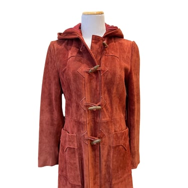 1970s Burnt Orange Suede Coat with Hood and Wood Toggle Buttons, Rust Suede Knee Length Coat, Hippie Chic, Boho, Festival Style, Small Size 