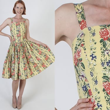 50s MCM Rockabilly Dress, Full Skirt Swing Sundress, Vintage Tropical Summer Floral Atomic Print 