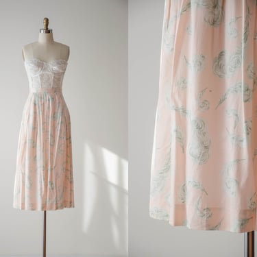 cute cottagecore skirt | 80s 90s vintage Albert Nipon pastel peach pink white feather print midi skirt 
