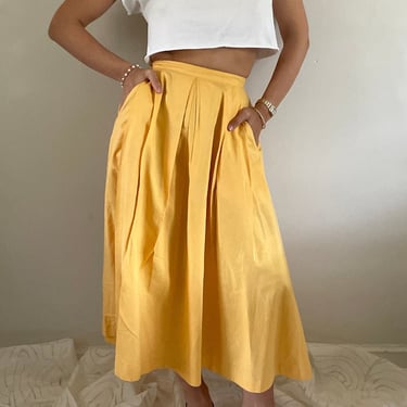 90s linen skirt / vintage linen cotton marigold yellow inverted pleated midi skirt with pockets | Small 26 waist 