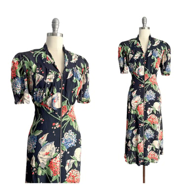 BLACK FRIYAY SALE /// 40s Dark Floral Cold Rayon Dress / 1940s Vintage Dress / Medium 
