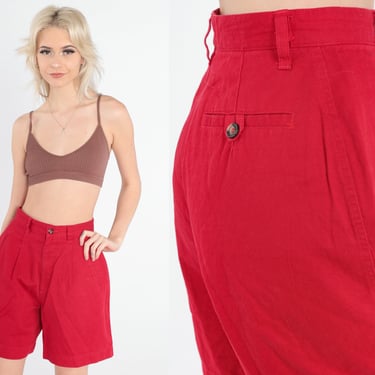 Red Shorts 90s Pleated Trouser Shorts High Waisted Rise Preppy Retro Wide Leg Shorts Mid Length Mom Vintage 1990s Casual Corner Small S 26 
