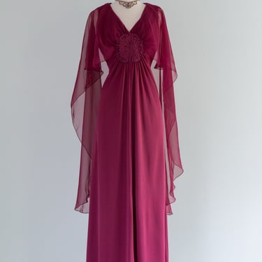 Fabulous 1970's Beaujolais Evening Gown With Chiffon Capelet / Large
