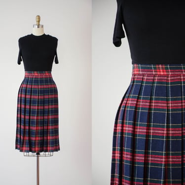red plaid wool skirt | 70s 80s vintage red green yellow plaid academia style pleated skirt 
