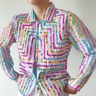 vintage jacket vintage blazer vintage blouse vintage shirt rainbow stitched embroidered colorful floral button down white size M 