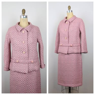 Vintage 1960s wool tweed skirt suit, mod, 2 piece set, pink 