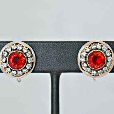 30s Art Deco sterling vermeil rhinestone screw backs, 925 silver crystal bling Gatsby era earrings 