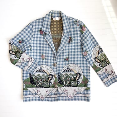 cottagecore jacket 90s vintage Painted Pony teapot gingham plaid floral woven tapestry coat 