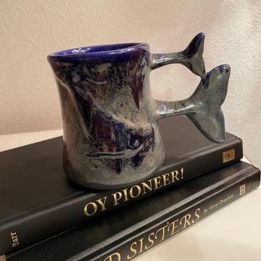 Vintage Whale Double Tail Mug by Doug Wylie | Cobalt Blue Embossed Dolphin Tail Mug | Art Pottery Double Fish Tail Mug | Great Gift 