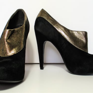 High Heels, Vintage Belle Sigerson Morrison Booties, Size 9B Women, Black Suede, Metallic Gold 