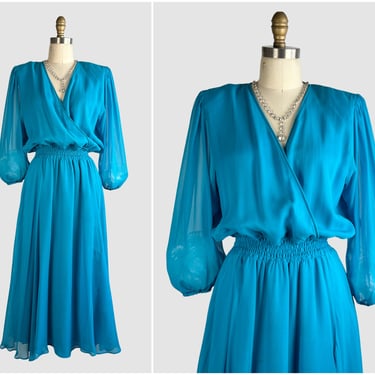 DIANE FREIS Vintage 80s Turquoise Silk Chiffon Dress | 1980s Blouson Top, Flowy Skirt | 70s Boho Bohemian Designer, Summer | Small Medium 