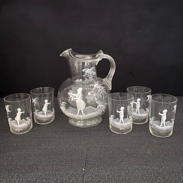 Mary Gregory Pitcher and Glasses with White Enamel Design