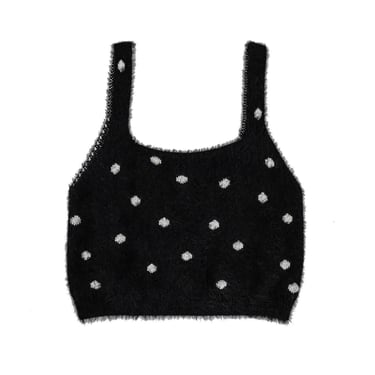 Black White Polka Dot Cropped Tank Top Size Large Fuzzy Crop Top Stretchy Black Top Scoop Neck Top Formal Summer Knitted Top 