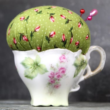 Green Tea Pin Cushion | Upcycled Vintage Porcelain Tea Cup | One of a Kind Gift for Anyone Who Loves to Sew | Quilter's Gift 